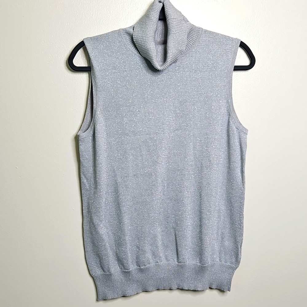 Cable and Gauge Large Sleeveless Turtleneck Sweater Metallic